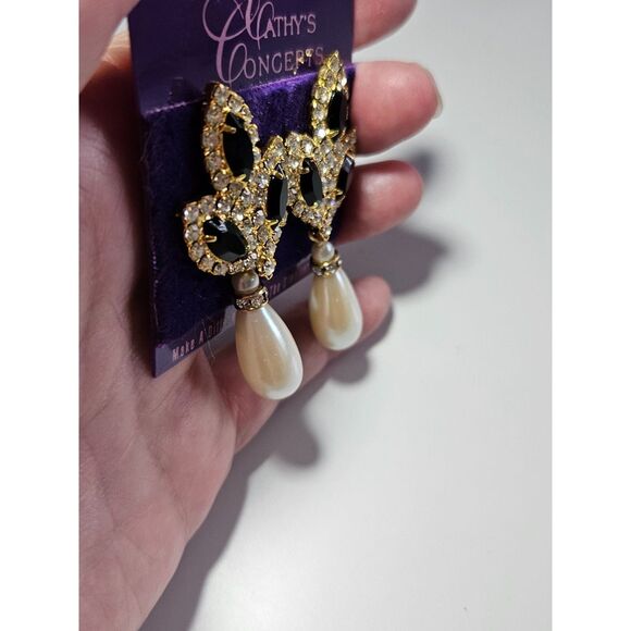 Cathy's Concepts Gold Tone Faux Pearl Black Rhinestone Dangling Earrings - Picture 3 of 9